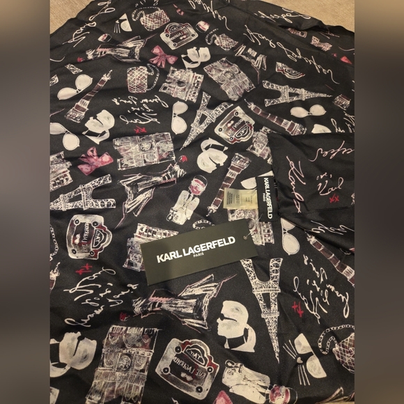 Karl Lagerfeld From Paris Silk Scarf Eiffel Tower Aprox 34 x 34 Pink/ Black New